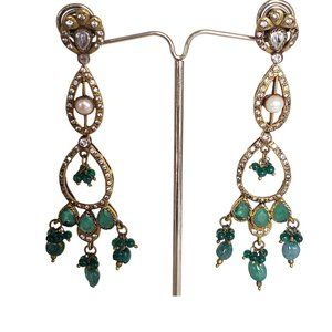 Vintage Long Cubic Zirconia Earrings with Emerald Beads, Stones & Pearl accents